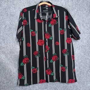 Drill Clothing Co. Black White Striped Button Down Red Roses Shirt- Sz‎ XL